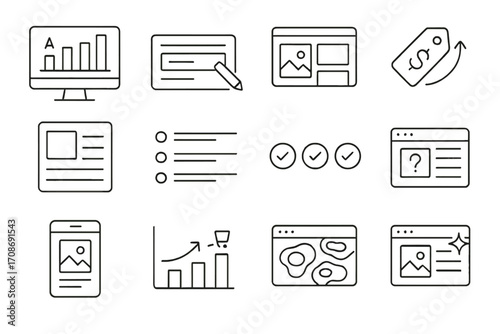 Product Page Optimization Icons. Line style icons of product page optimization: A/B test chart, product title edit form, media
