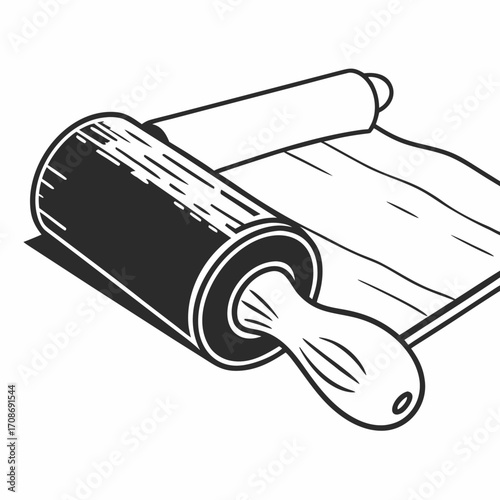 A graphic illustration of a rolling pin with a wooden handle and a partially rolled out sheet of dough laid out