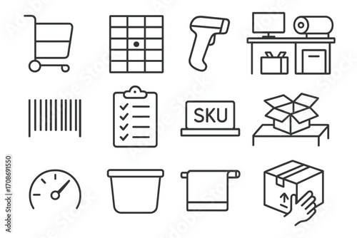Pick and Pack Icons. Line style icons of pick and pack systems: picker cart icon, bin location chart, handheld scanner device,