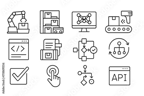 Fulfillment Automation Icons. Line style icons of fulfillment automation: robotic arm at bin, automated storage system, AI sorting