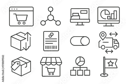 Multi-Channel Fulfillment Icons. Line style icons of multi-channel fulfillment: order from website, marketplace integration chart,