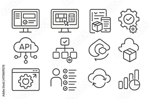 Fulfillment Software Icons. Line style icons of fulfillment software systems: order management dashboard, WMS interface icon,
