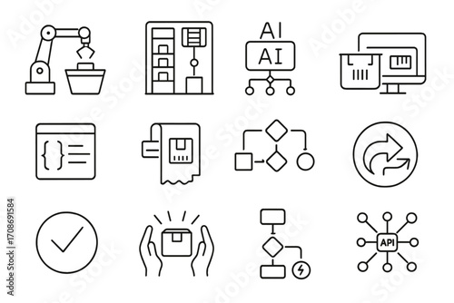 Fulfillment Automation Icons. Line style icons of fulfillment automation: robotic arm at bin, automated storage system, AI sorting