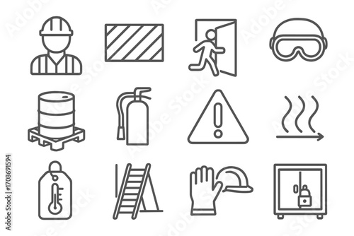Warehouse Safety Icons. Line style icons of warehouse safety and compliance: PPE symbol, hazard zone markings, emergency exit icon