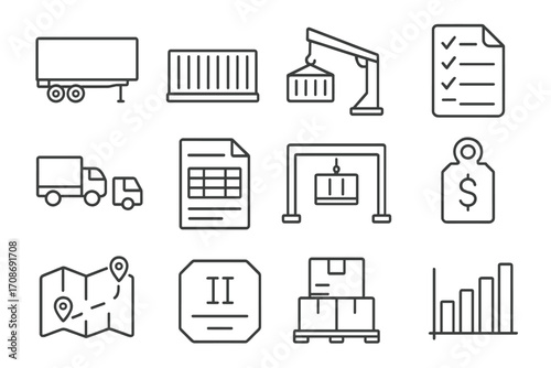 Freight Shipping Icons. Line style icons of freight shipping: freight trailer icon, loaded container image, dockyard crane symbol,
