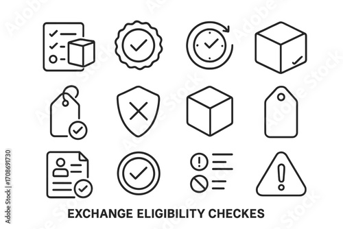 Exchange Eligibility Icons. Line style icons of exchange eligibility checks: product condition checklist, seal intact icon, return