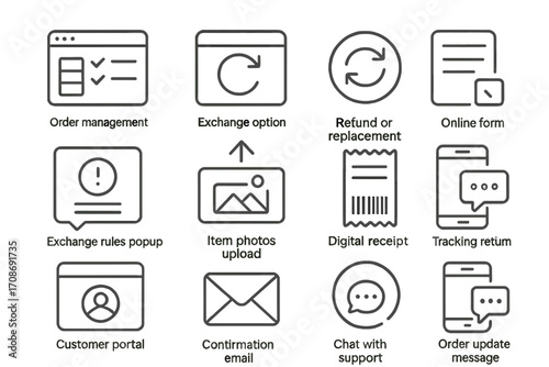 Online Exchange Icons. Line style icons of online exchanges: order management dashboard, exchange option selector, refund or