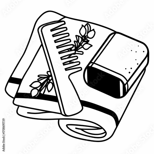 Illustration of a towel, comb with floral design, and a bar of soap in black and white outline
