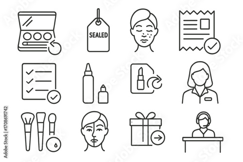 Beauty Product Exchange Icons. Line style icons of beauty product exchanges: makeup kit with return arrow, unopened seal tag, skin