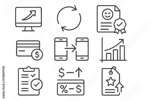 Product Upgrade Icons. Line style icons of product upgrades via exchange: upgraded item icon, trade-in arrow symbol, customer