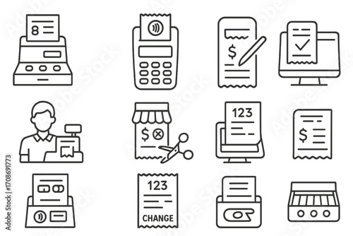 POS Receipt Iconography. Line style icons of point-of-sale receipts: cash register printout, card reader with printed receipt,