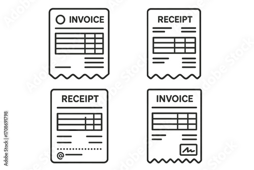 Invoice Line Art. Line style icons of invoice-style receipts: professional receipt format, company logo and contact line, line