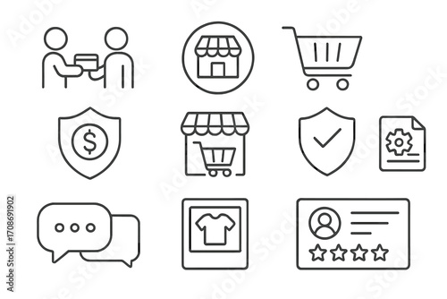 Marketplace Icon Set. Line style icons of marketplace purchases: buyer-to-seller checkout icon, marketplace platform badge,