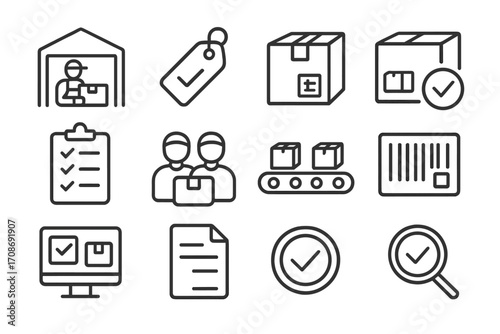 Order Fulfillment Icons. Line style icons of order fulfillment: warehouse packing icon, item picked tag, packed box with label,