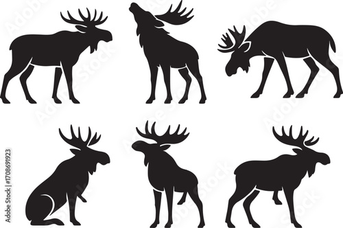 A collection of wild animal moose silhouettes including a deer, horse, and elephant