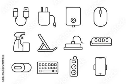 Tech Accessories Icons. Line style icons of tech accessories and supplies: USB cable icon, power adapter, external hard drive,