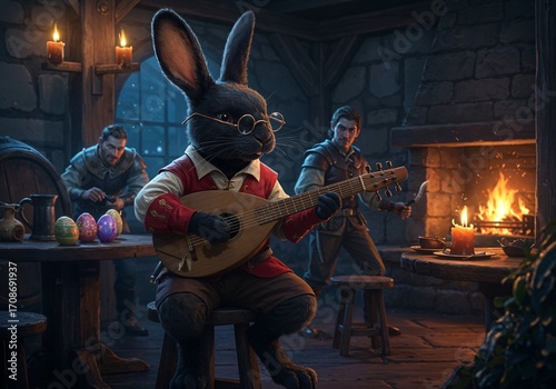 A Rabbit Bard Playing Lute in Tavern: A sophisticated rabbit, adorned in spectacles and fine attire, passionately plays the lute in a cozy, dimly lit tavern.