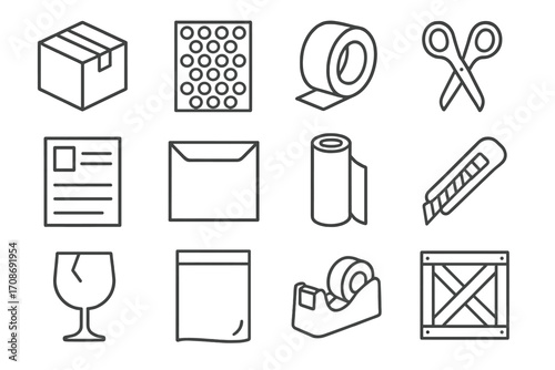 Packaging Supply Icons. Line style icons of packaging supplies: cardboard box icon, bubble wrap sheet, packing tape roll, scissors