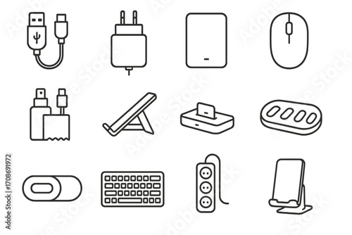 Tech Accessories Icons. Line style icons of tech accessories and supplies: USB cable icon, power adapter, external hard drive,