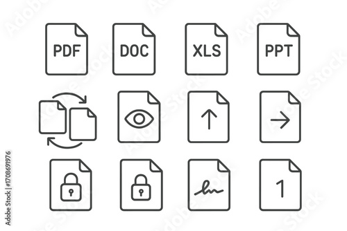 File Format Icons. Line style icons of PDF and document formats: PDF file, DOC file, XLS file, PPT file; file converter, file