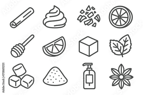 Hot Drink Add-Ons Icons. Line style icons of hot drinks add-ons: cinnamon stick, whipped cream, chocolate shavings, orange slice;