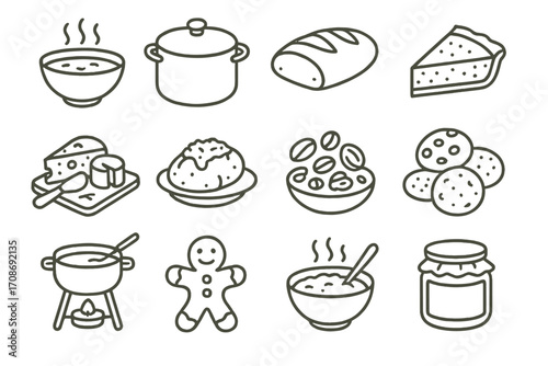 Winter Comfort Foods Icons. Line style icons of winter food comforts: soup bowl, stew pot, fresh bread, pie slice; cheese board,
