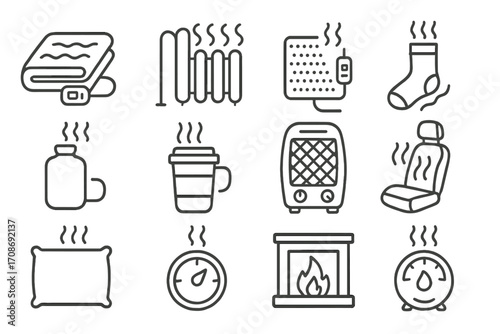 Thermal Object Icons. Line style icons of thermal and heated objects: electric blanket, radiator, heat pad, heated socks; warm