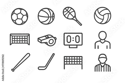 Team Sports Icons. Line style icons of team sports symbols: soccer ball, basketball, tennis racket, volleyball; goal post, whistle