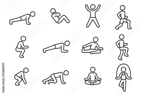 Fitness Exercise Icons. Line style icons of fitness exercises and movements: push-up, sit-up, jumping jack, lunge; squat, plank,