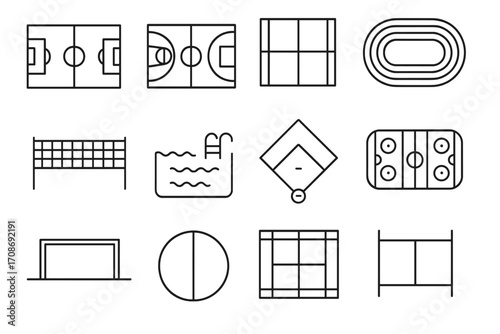 Sports Court Icons. Line style icons of sports court and fields: soccer field, basketball court, tennis court, running track;