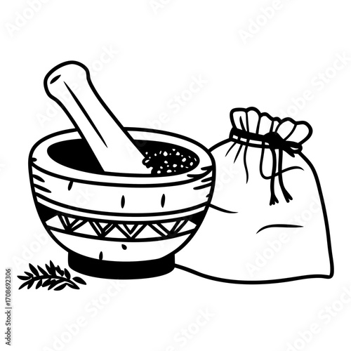 A drawing of a mortar and pestle with spices alongside a tied bag and a small sprig of leaves
