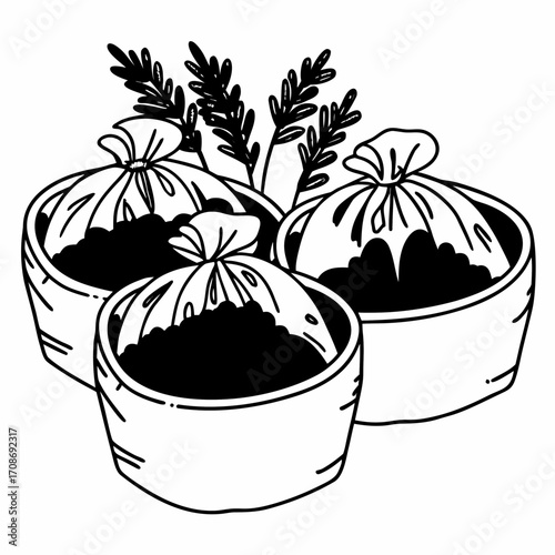 Three bowls filled with dark contents and tied bags with plant behind in a black and white drawing style