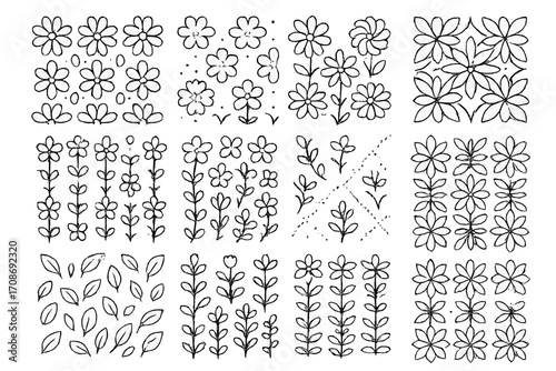 Floral Line Icons. Line style icons of floral patterns and repeats: repeating blossom, dotted petal motif, spiral floral pattern,