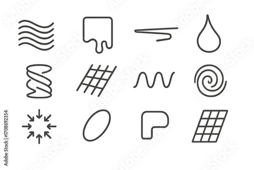 Minimalist Distortion Icons. Line style icons of minimalist distortion effects: warped stripe, melted block, stretch line, liquid