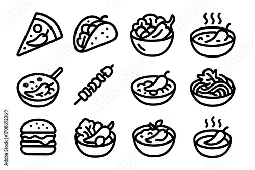 Pepper-Themed Food Icons. Line style icons of pepper in food and recipes: pepper pizza slice, pepper taco, pepper salad, pepper