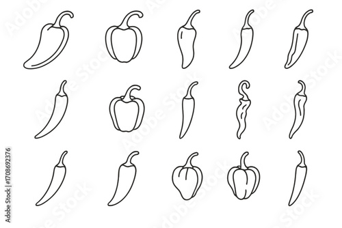 Global Pepper Icons. Line style icons of global pepper types: Italian pepper, Spanish pimiento, Korean gochugaru, Indian mirchi;