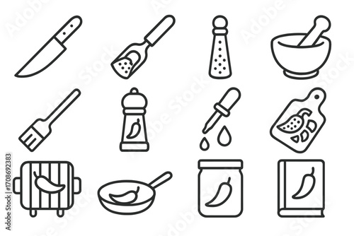Culinary Tools Icons. Line style icons of culinary tools for peppers: slicing knife, pepper core remover, spice scoop, mortar bowl