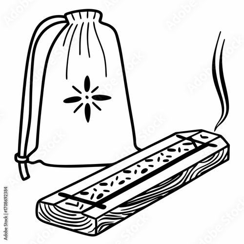 Drawing of a drawstring bag with a flower design next to a wooden incense holder with smoke rising