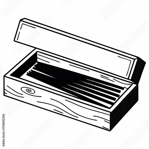 An open wooden box filled with black incense sticks creating a simple line art illustration style image