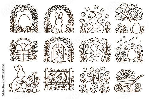 Eggs in Blooming Garden. Line style icons of blooming garden scenes with egg: flower arch with egg, bunny in flower tunnel, egg