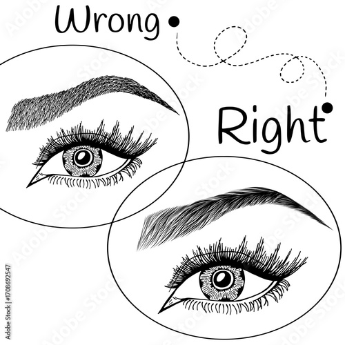 Illustration with woman's eyes, eyelashes and eyebrows. Makeup Look. Tattoo design. Logo for brow bar or lash salon. Wrong and right coloring care. Set of well-groomed and shaggy eyebrows.