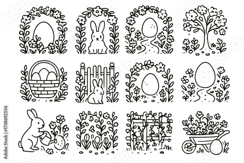 Eggs in Blooming Garden. Line style icons of blooming garden scenes with egg: flower arch with egg, bunny in flower tunnel, egg