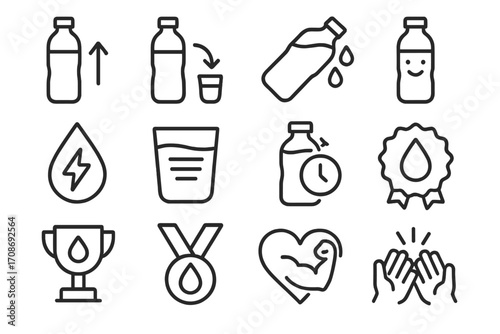 Motivational Water Icons. Line style icons of motivational water goals: drink more icon, refill now icon, keep sipping icon,