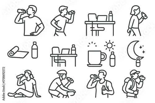 Fluid Intake Icons. Line style icons of fluid intake by activity: post-workout hydration, sip during run, bottle at desk, drink on