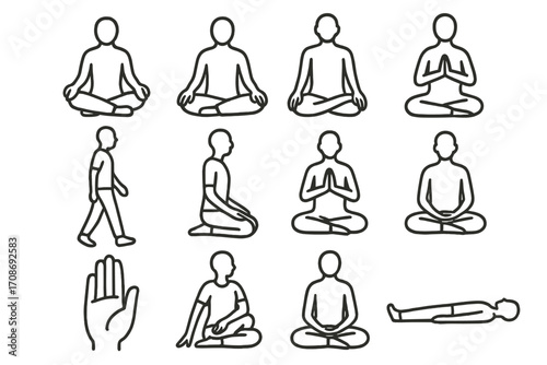 Meditation Posture Icons. Line style icons of meditation postures and movements: cross-legged pose, hands on knees, straight spine