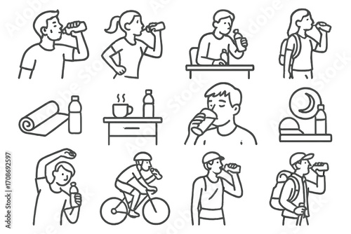 Fluid Intake Icons. Line style icons of fluid intake by activity: post-workout hydration, sip during run, bottle at desk, drink on