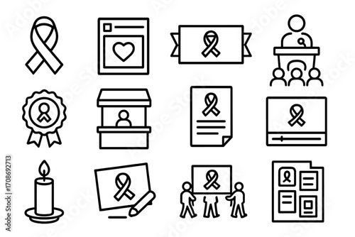 Awareness Icons Collection. Line style icons of awareness campaigns: ribbon icon, social post with heart, awareness banner, public