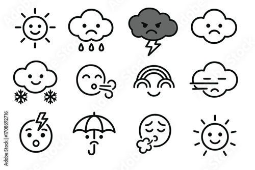Weather Mood Icons. Line style icons of weather moods: sun smile, rainy frown, stormy anger, cloudy dayface; snowflake cheeks,