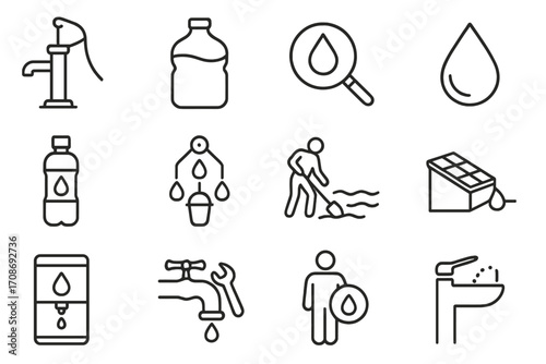 Clean Water Icons. Line style icons of clean water initiatives: water pump, filled jug, water testing, clean drop symbol; filter