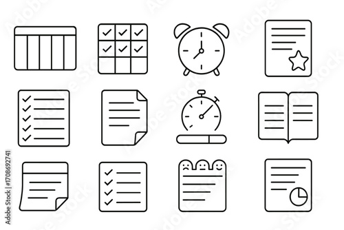 Weekly Productivity Icons. Line style icons of weekly productivity kits: Monday start page, daily task grid, routine alarm, weekly